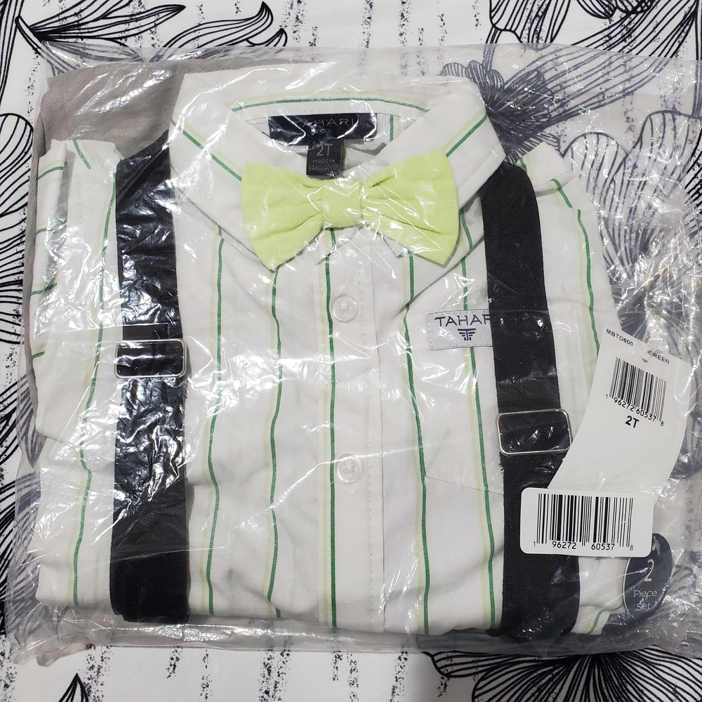 Tahari Toddler Boy's White and Green Striped Shirt with Lime Bow Tie